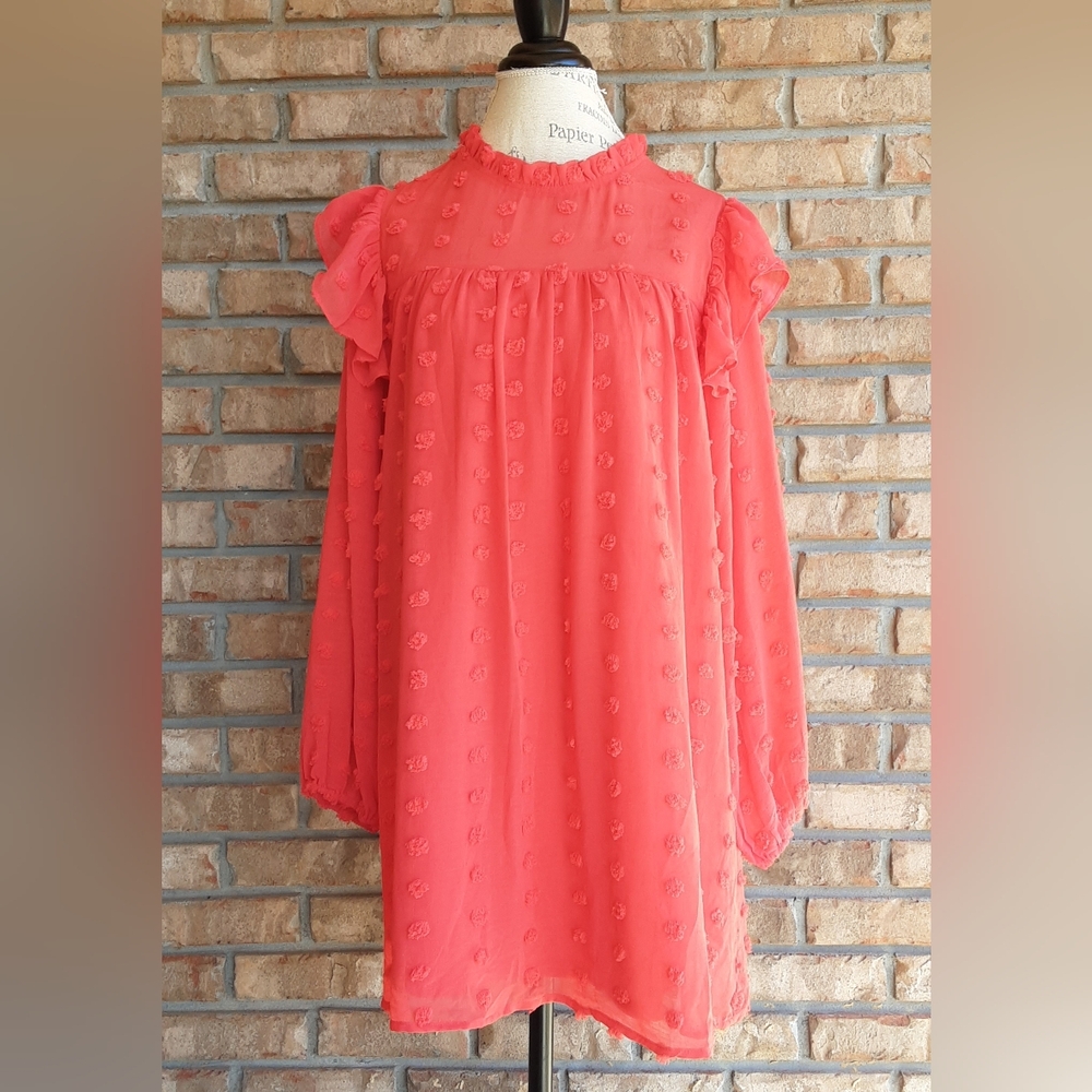 JODIFL Coral Pink Ruffle-Sleeve Textured Shift Dress